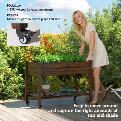 Mobile Raised Garden Bed, Elevated Wood Planter Box, Lockable Wheels, Storage Shelf, Carbonized