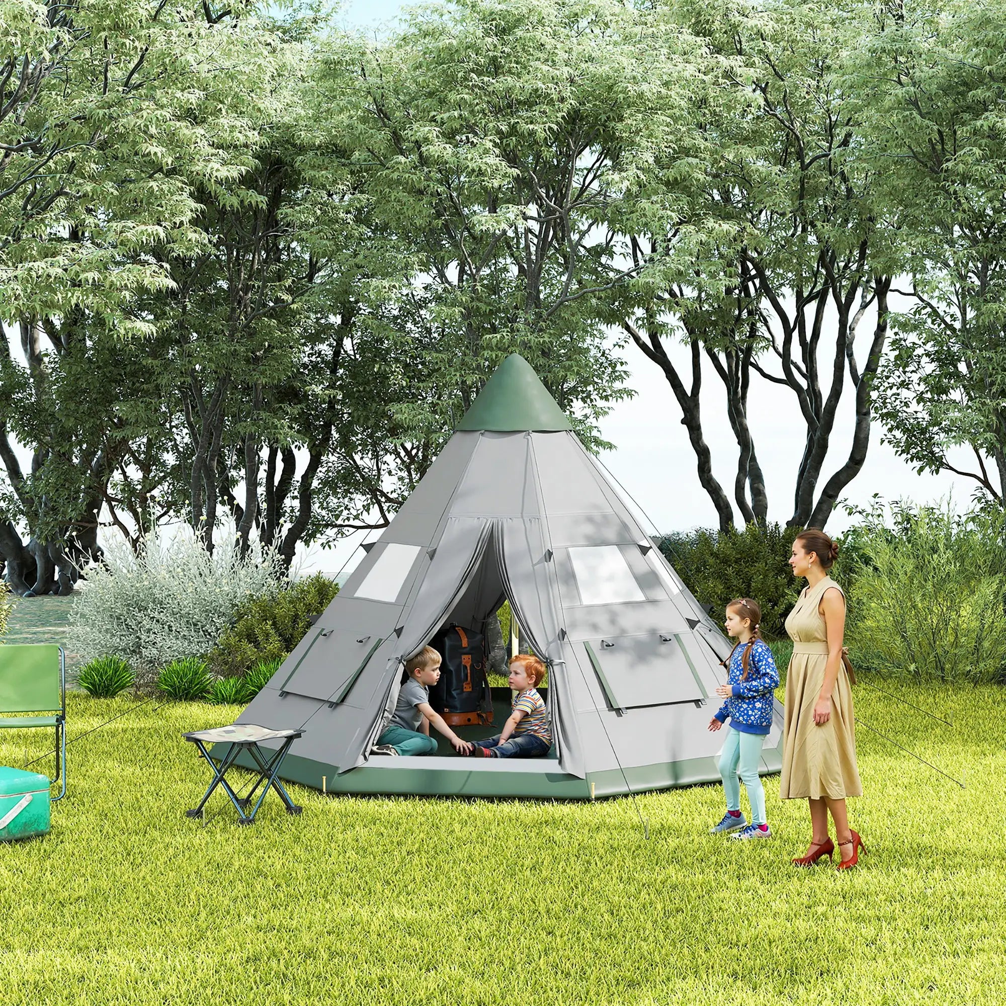 6 Person Family Teepee Tent, Mesh Windows, Floor, Carry Bag, Grey Camping Tents at Gallery Canada