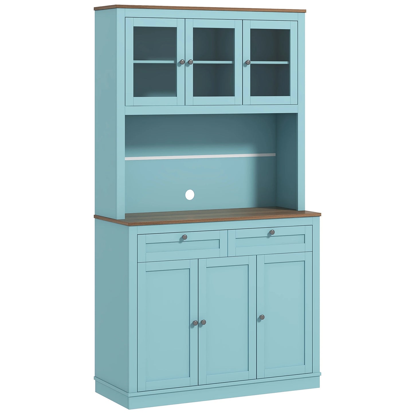 71" Pantry Cabinet with Microwave Space, Buffet Hutch, 2 Drawers, Adjustable Shelves, Glass Doors, Blue Kitchen Pantry Cabinets Blue, Oak at Gallery Canada