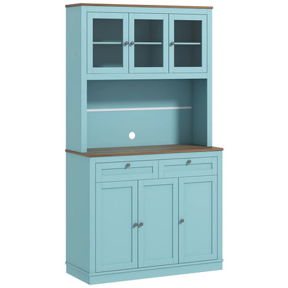 71" Pantry Cabinet with Microwave Space, Buffet Hutch, 2 Drawers, Adjustable Shelves, Glass Doors, Blue Kitchen Pantry Cabinets Blue, Oak at Gallery Canada