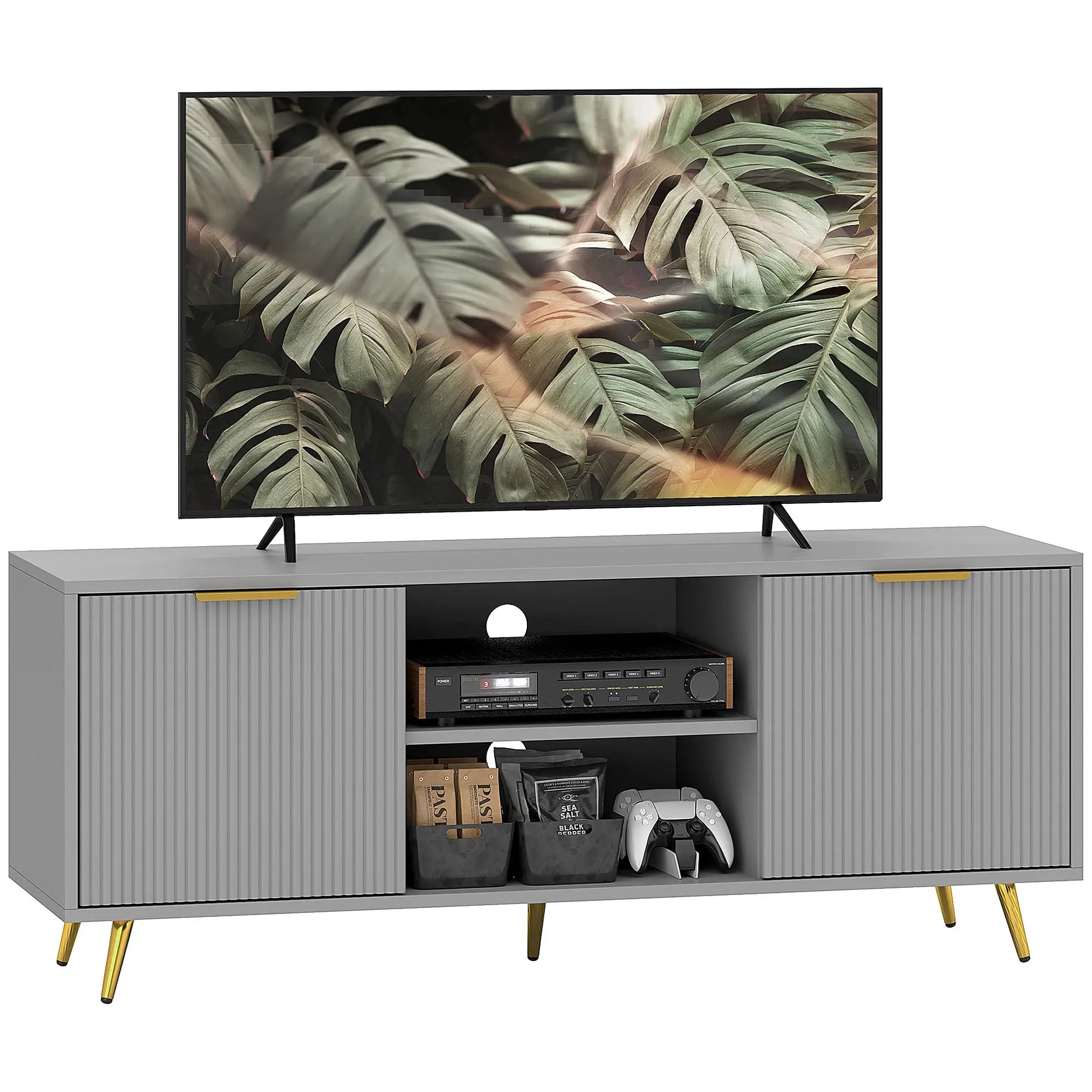TV Stand for 55 Inch TV, 2 Open Shelves, 2 Cabinets, Grey TV Stands at Gallery Canada