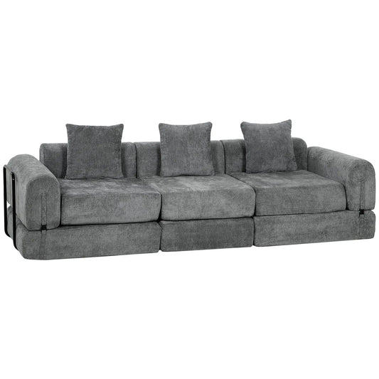 96.5" Folding Sofa Bed, Convertible 3 Seater Modular Couch, Grey 3-Seater Sofas Grey at Gallery Canada