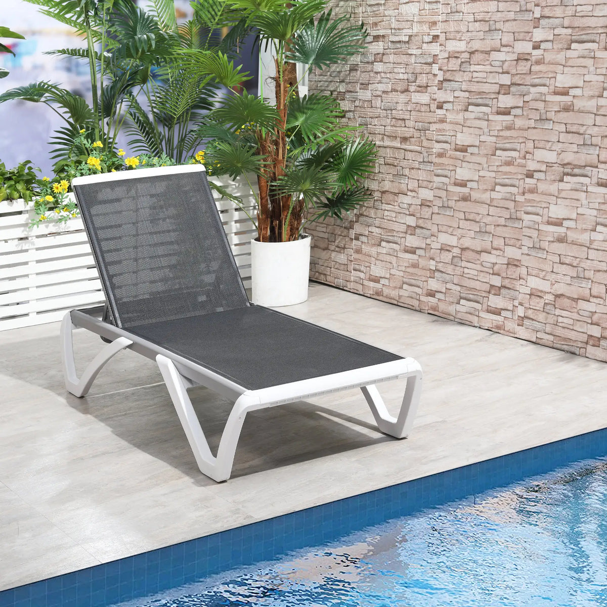 Outdoor Chaise Lounge Chair, Adjustable Back, Wheels, Mesh Fabric, Black