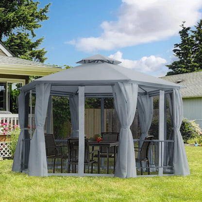 13ft Hexagon Gazebo, Outdoor Canopy Shelter, Netting, Shaded Curtains, Grey Gazebos at Gallery Canada