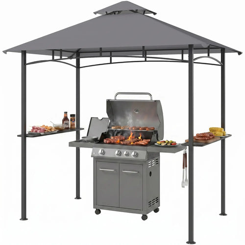 8' x 5' BBQ Grill Gazebo Tent, Double Tiered Canopy, Outdoor Sun Shade, Grey