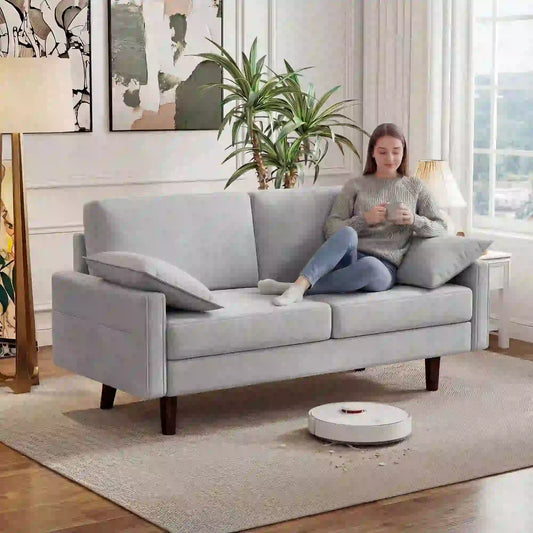 3 Seater Velvet Sofa, Spring Cushions, Rubber Wood Legs, Grey 3-Seater Sofas Grey at Gallery Canada