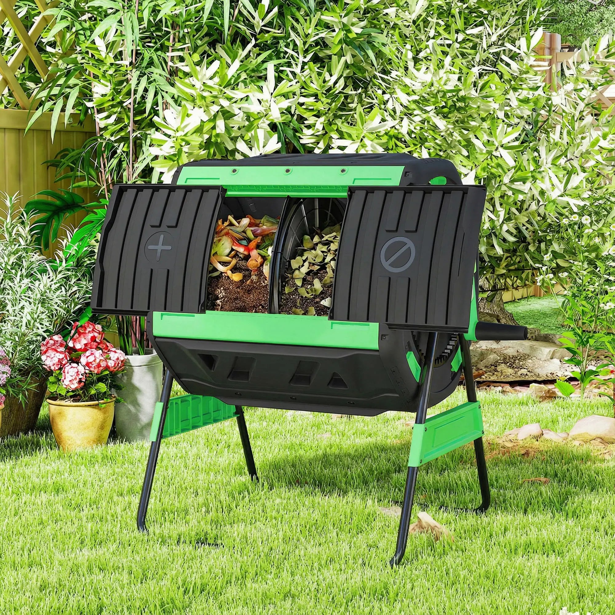 53 Gal Dual Chamber Tumbling Composter, Adjustable Vents, BPA Free, Green Garden Accessories at Gallery Canada