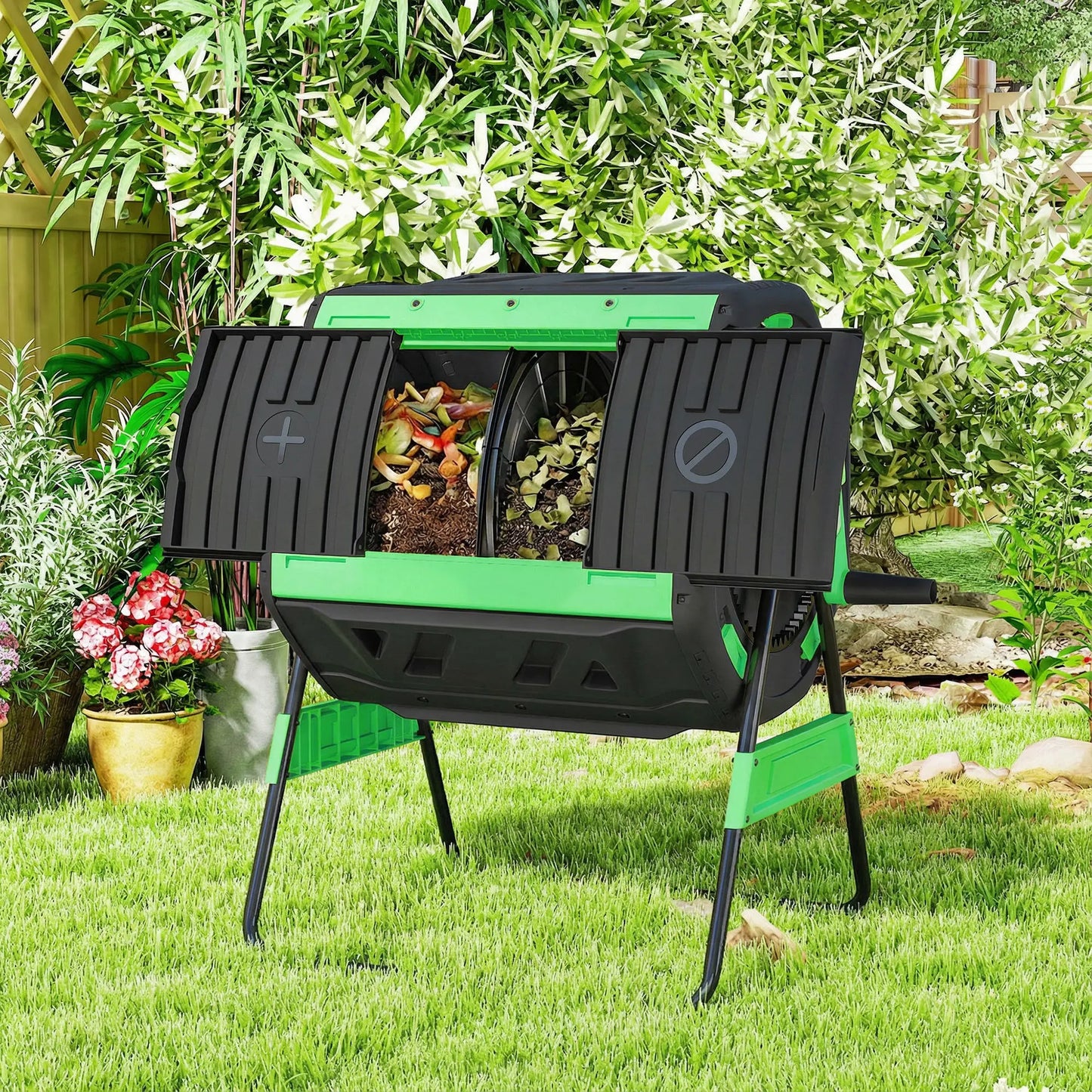 53 Gal Dual Chamber Tumbling Composter, Adjustable Vents, BPA Free, Green Garden Accessories at Gallery Canada
