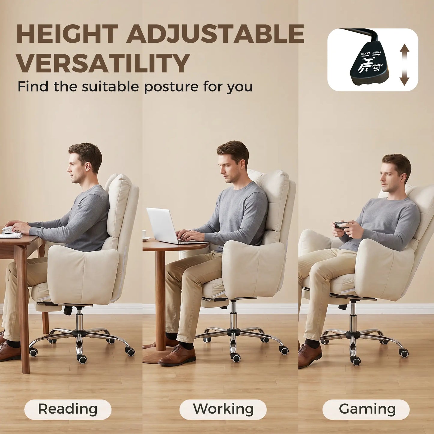 Chaise de bureau inclinable ergonomique avec repose-pieds, crème