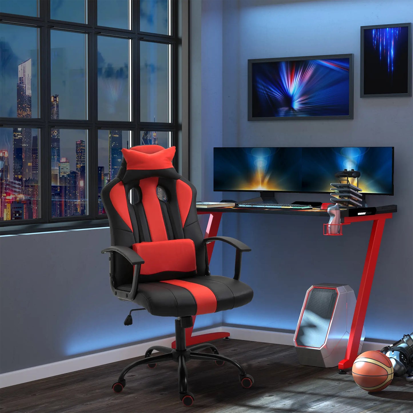 High Back Racing Style Gaming Chair, Adjustable PU Leather, Lumbar Support, Red Video Game Chairs at Gallery Canada