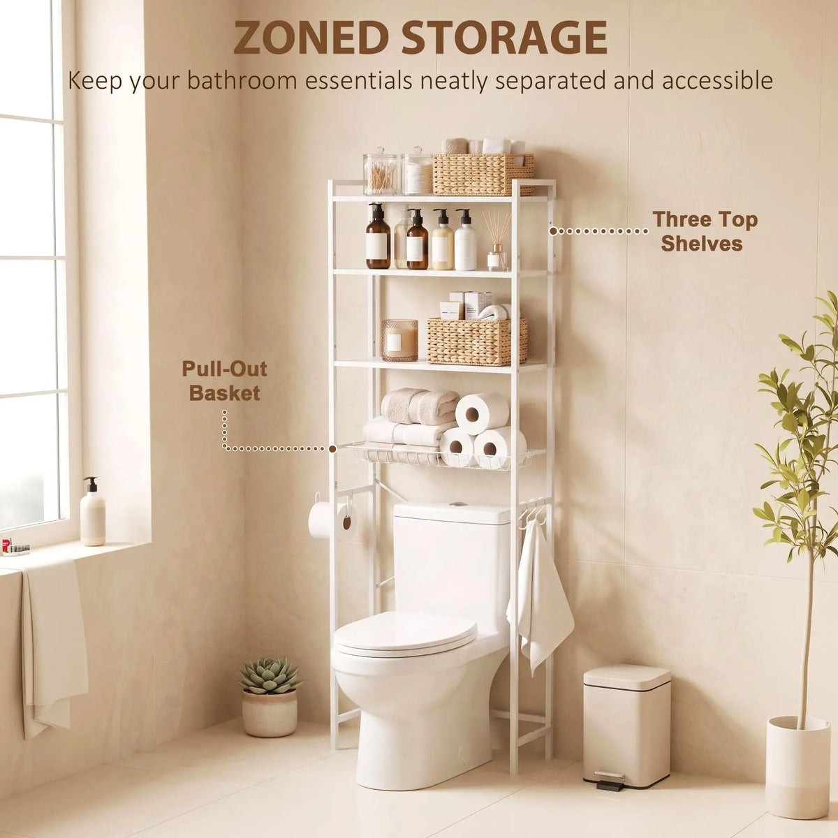 3-Tier Over-the-Toilet Storage Shelf, Adjustable Shelves, White
