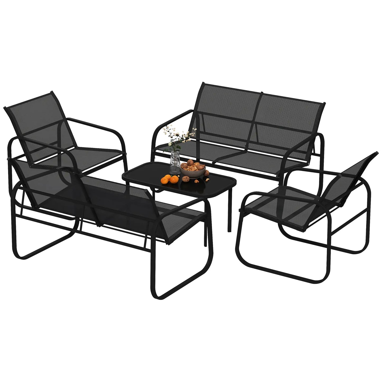 4 Piece Patio Furniture Set, 2 Loveseats, 2 Armchairs, Glass Table, Black Patio Furniture Sets Black at Gallery Canada