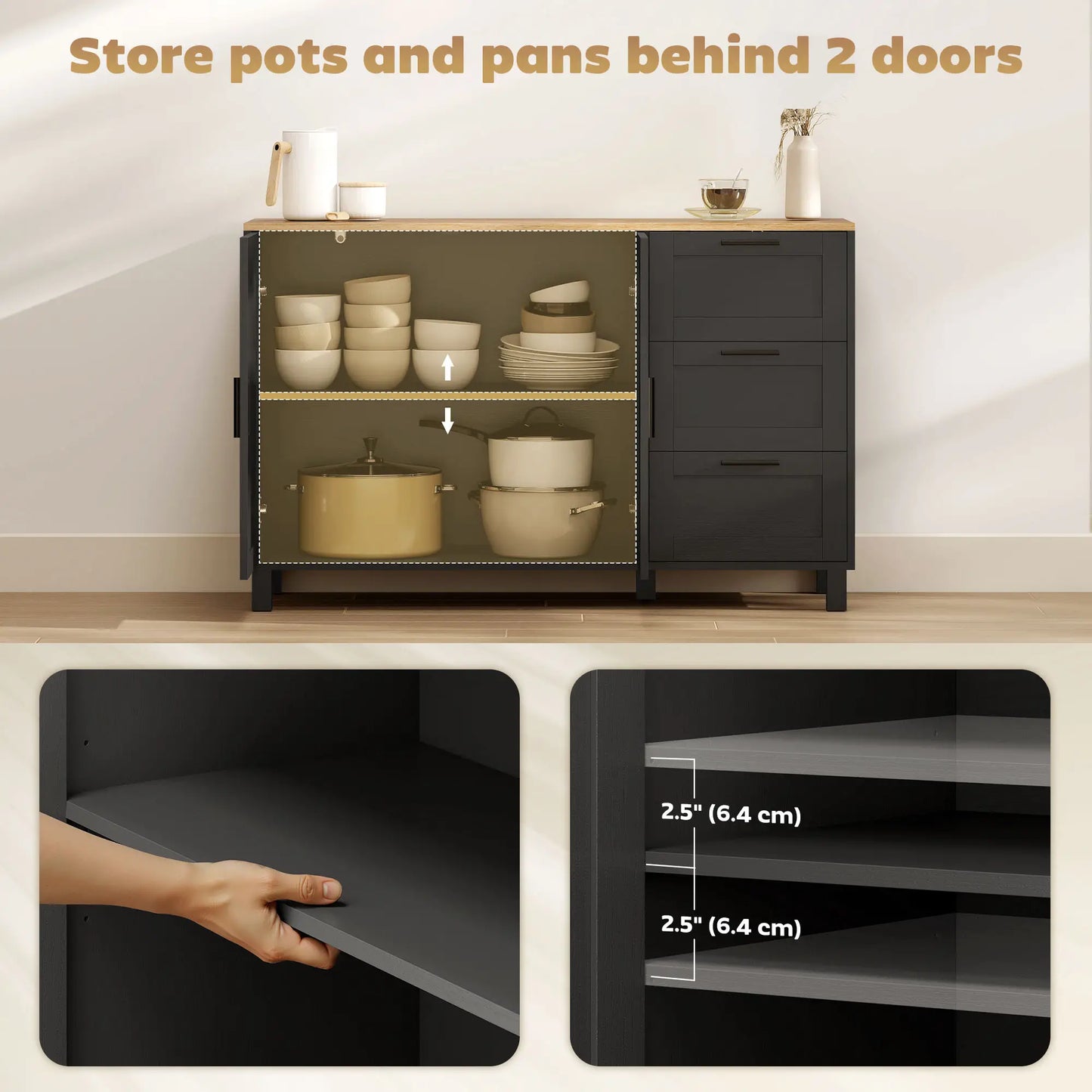 Buffet Cabinet with Soft Close Doors, Modern Sideboard with 3 Drawers, Black Storage Cabinets at Gallery Canada