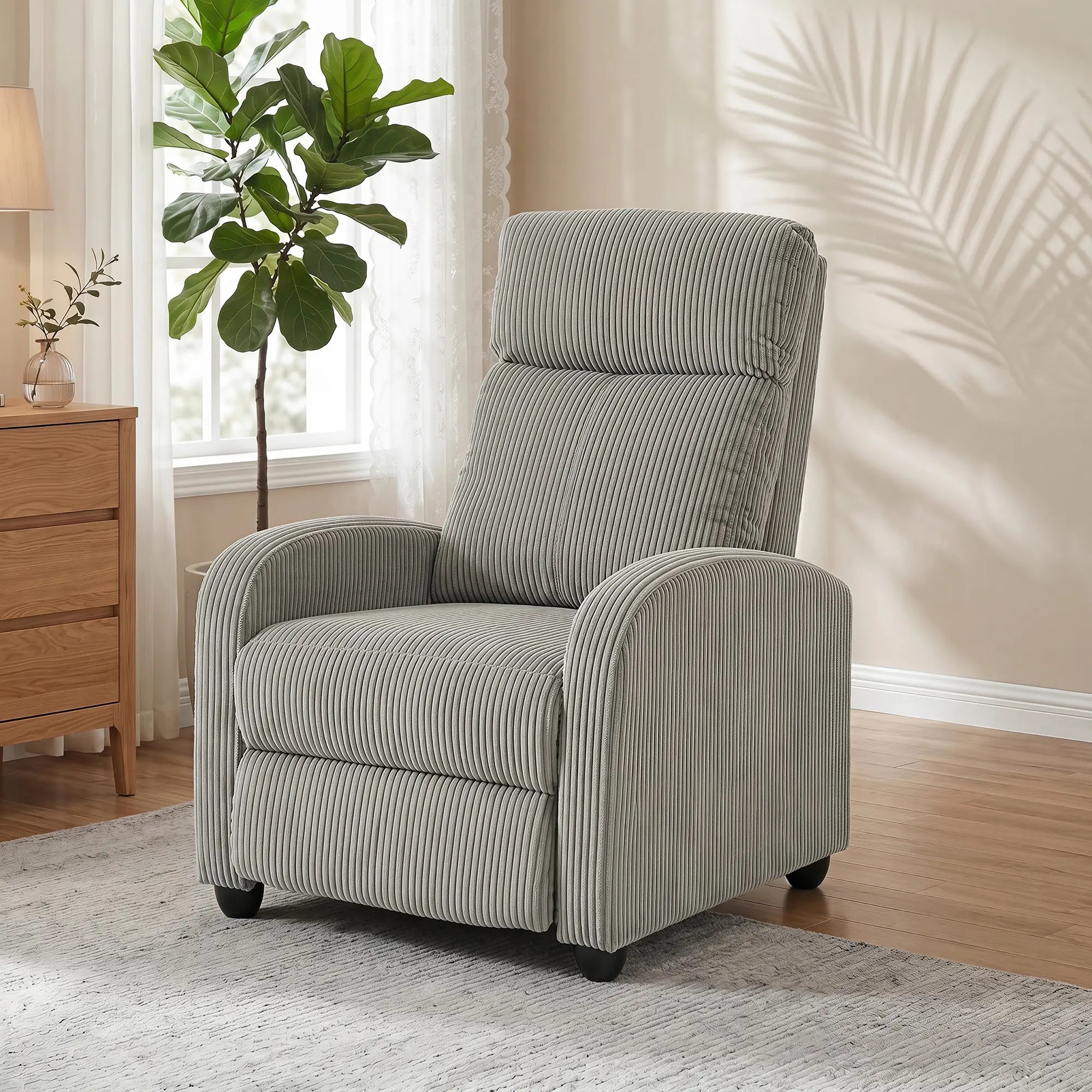 Corduroy Push Back Recliner Chair with Padded Seat, Grey Single Sofas at Gallery Canada