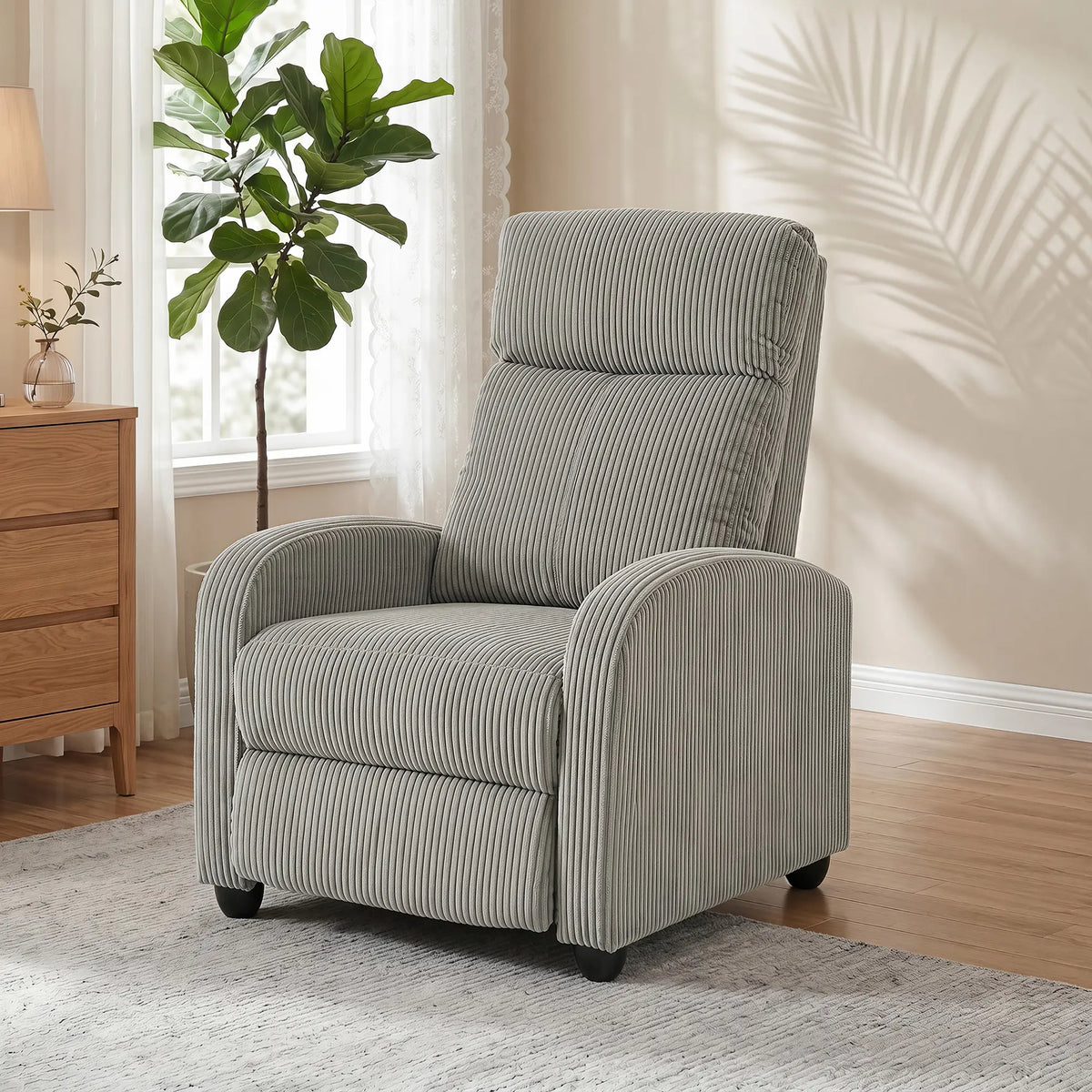 Corduroy Push Back Recliner Chair with Padded Seat, Grey Single Sofas at Gallery Canada