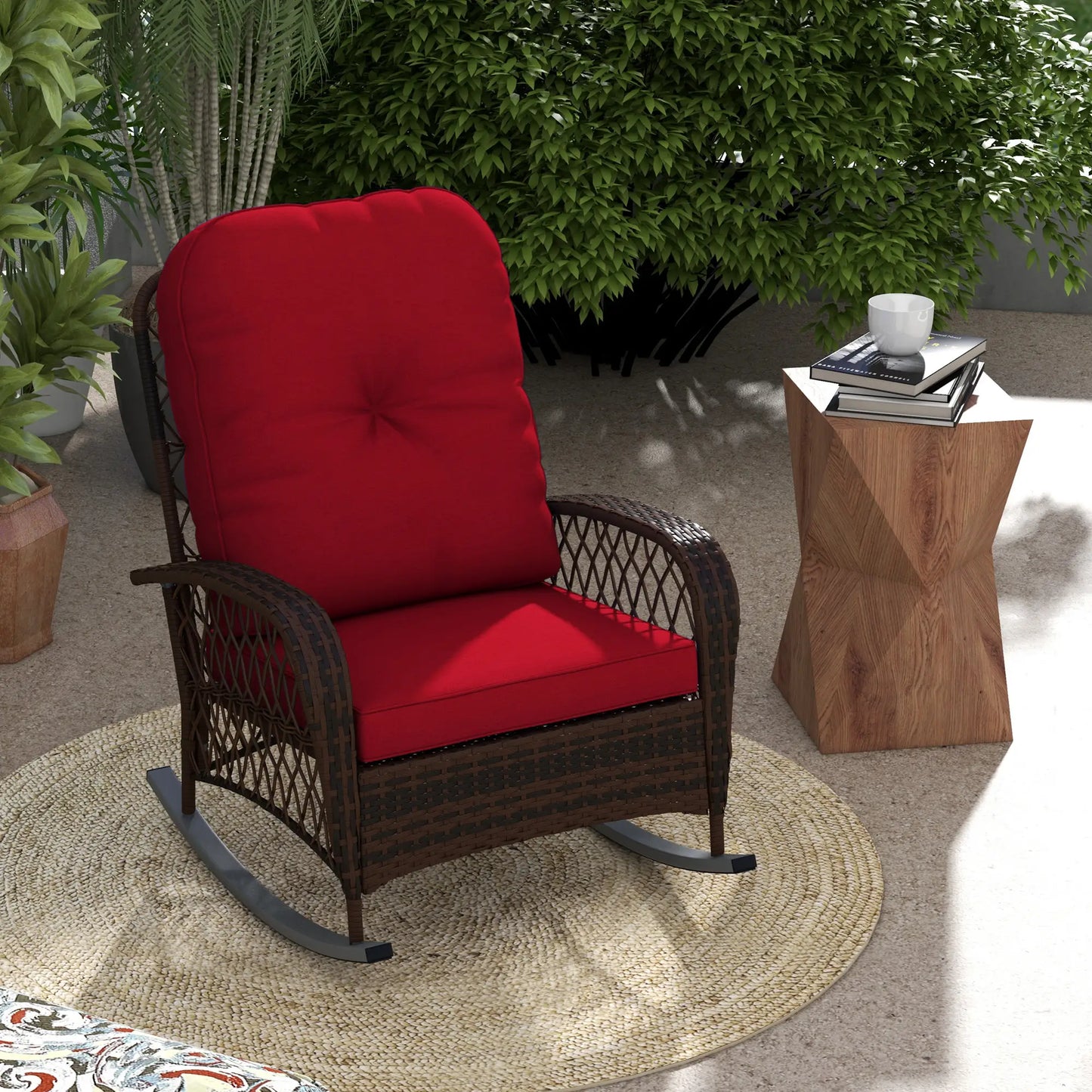 Outdoor Wicker Rattan Rocking Chair, Thick Cushions, Garden Backyard Porch, Red Outdoor Rocking Chairs at Gallery Canada