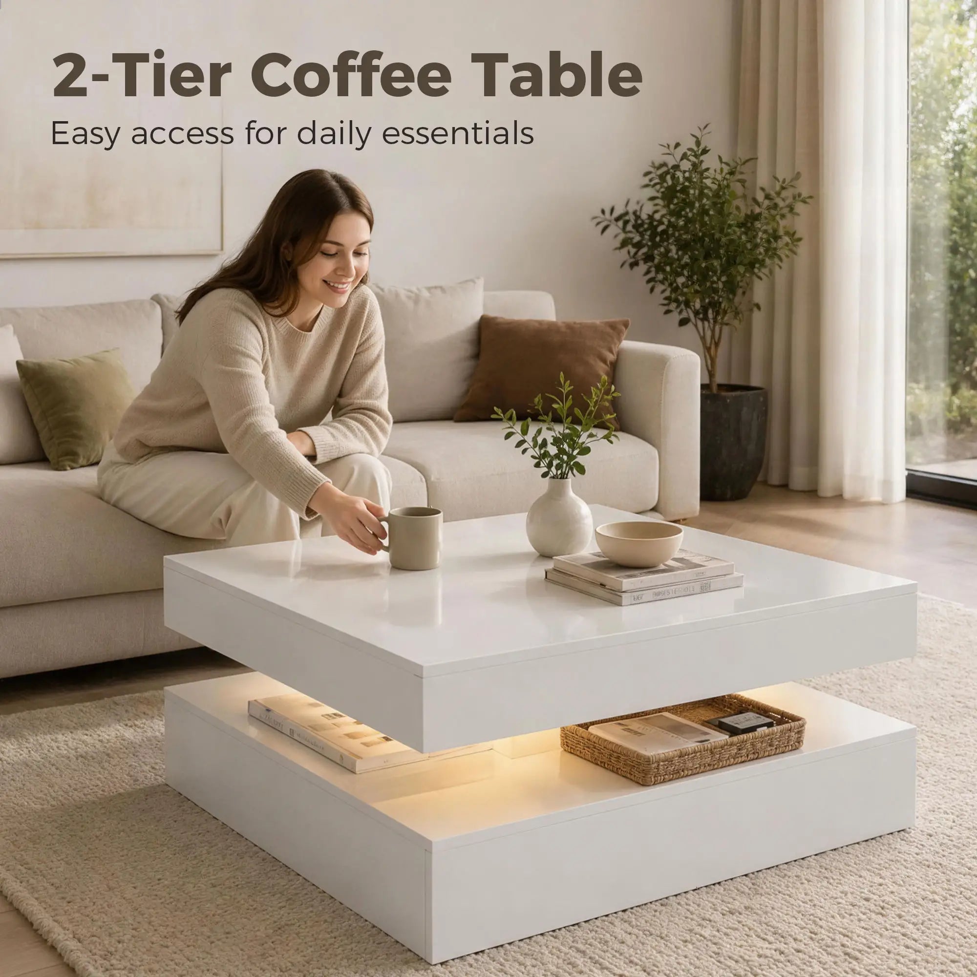 LED Coffee Table with Storage, 2-Tier Modern Center Table with Open Shelf and Remote for Living Room, High Gloss White Coffee Tables at Gallery Canada