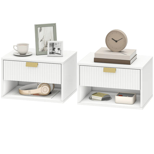 Set of 2 Floating Nightstands, Wall Mounted with Fluted Drawer and Shelf, White Bedside Tables White at Gallery Canada