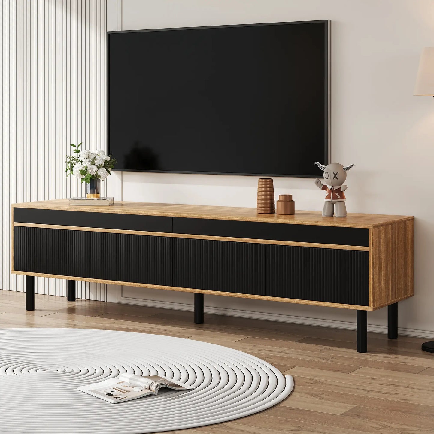 Elegant Stripe Design Stand, Sturdy Wooden Legs, 3 Doors, 67" L x 15" W x 18.5" H, Natural, Black TV Stands at Gallery Canada