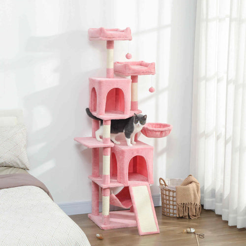 Cat Tree, 70 Inch Multi-Level Tower with Condos, Perches, Hammock, Pink