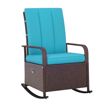 Outdoor Wicker Rocking Chair, PE Rattan Recliner with Cushion, Adjustable Footrest, Turquoise Outdoor Rocking Chairs at Gallery Canada