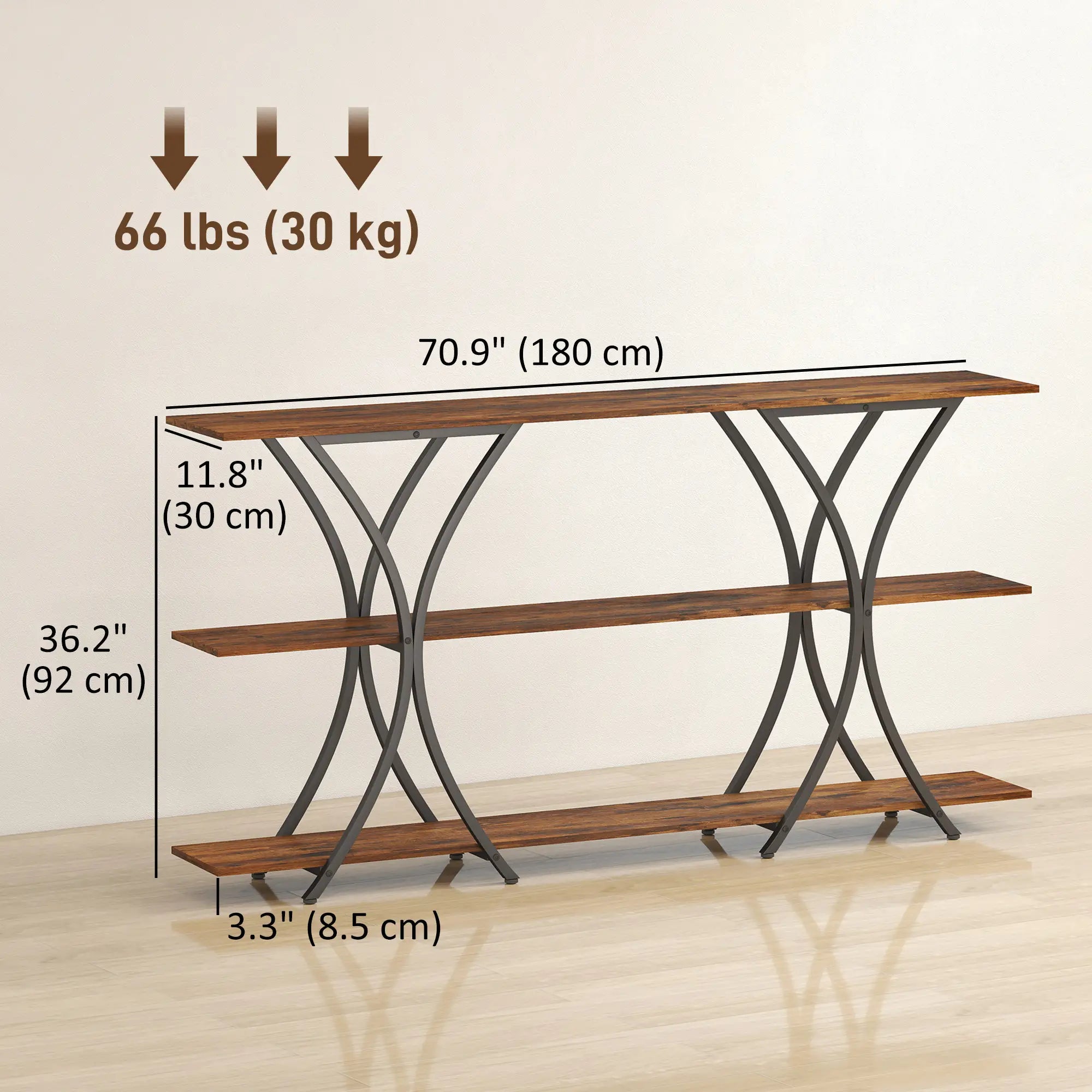 71 Inch Console Table, 3-Tier Industrial with 2 Shelves, Rustic Brown Console Tables at Gallery Canada