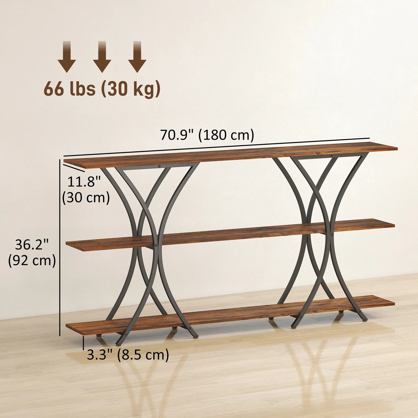 71 Inch Console Table, 3-Tier Industrial with 2 Shelves, Rustic Brown Console Tables at Gallery Canada