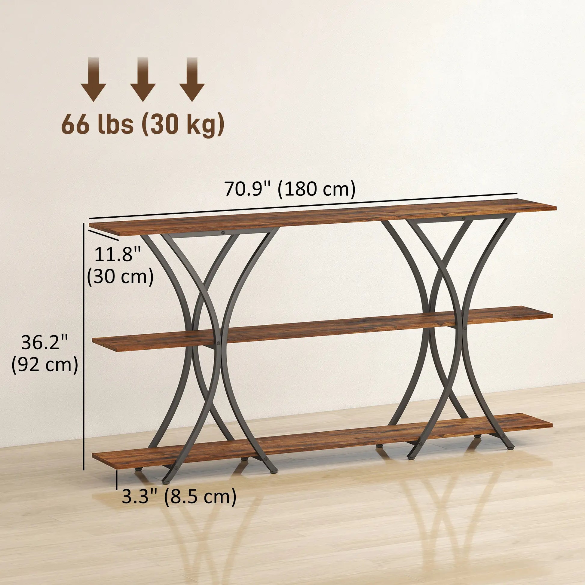 71 Inch Console Table, 3-Tier Industrial with 2 Shelves, Rustic Brown Console Tables at Gallery Canada