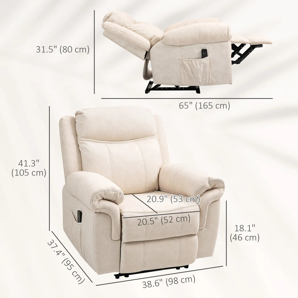Manual Recliner Chair, Vibration Massage, Side Pockets, Microfibre, Cream White Sofas & Reclining Chairs at Gallery Canada