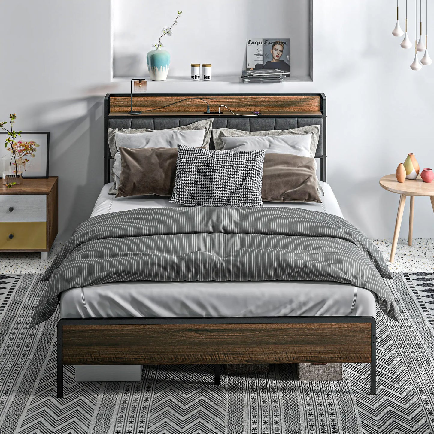 Full Size Bed Frame with Charging Station, Upholstered Headboard, Storage Shelf, Walnut Bed Frames at Gallery Canada