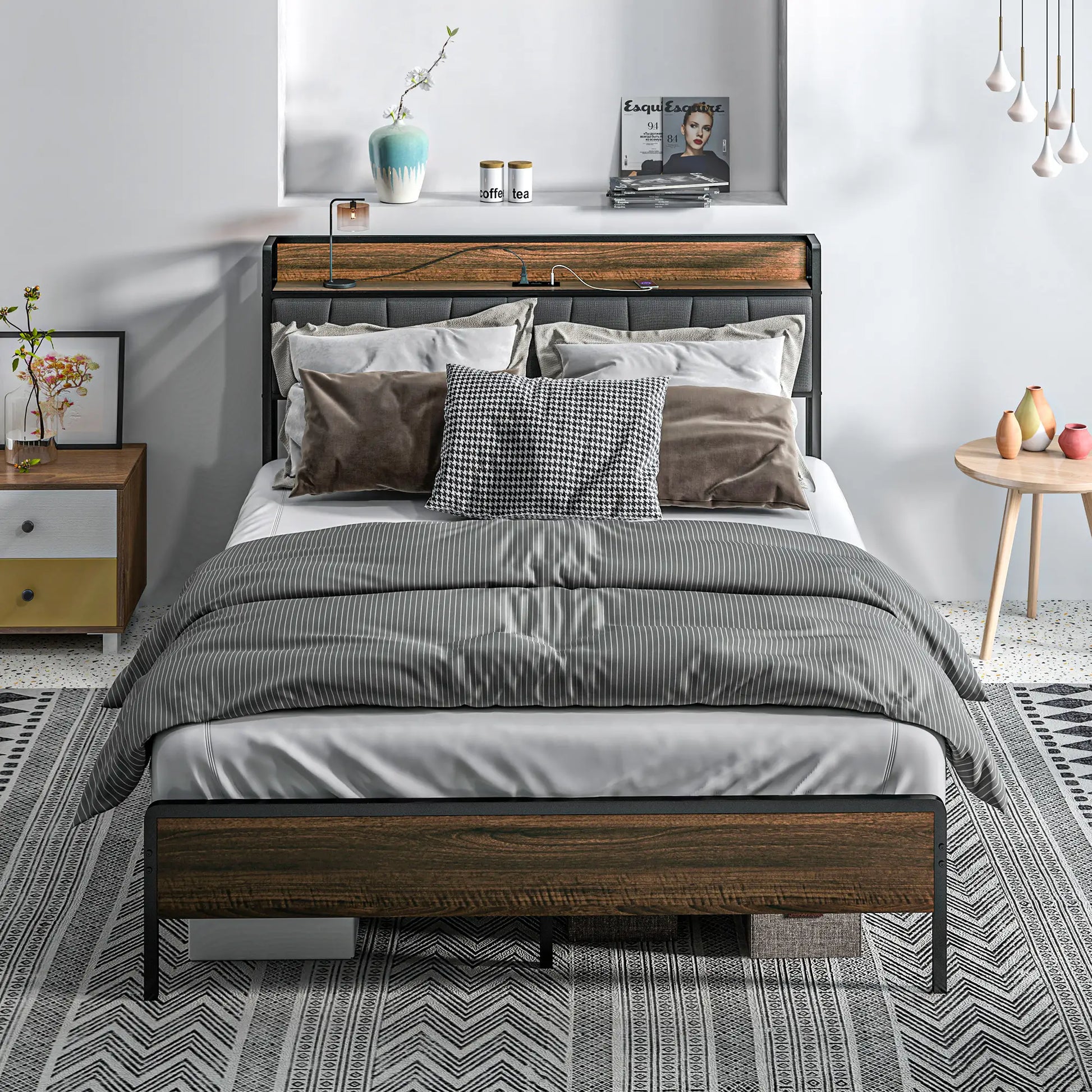 Full Size Bed Frame with Charging Station, Upholstered Headboard, Storage Shelf, Walnut Bed Frames at Gallery Canada