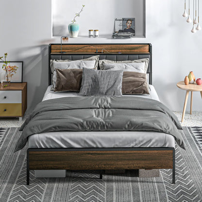 Full Size Bed Frame with Charging Station, Upholstered Headboard, Storage Shelf, Walnut Bed Frames at Gallery Canada