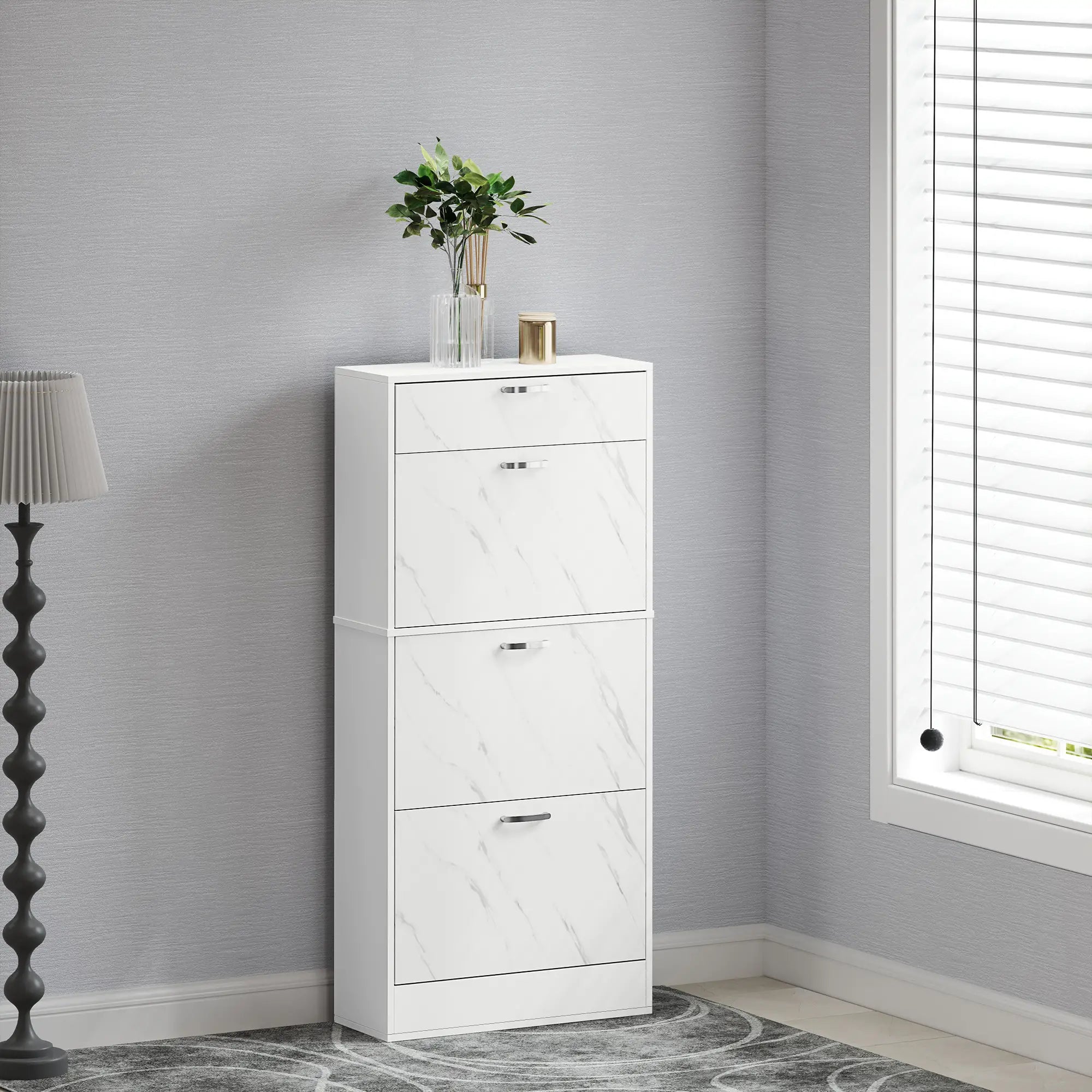 3 Flip Drawer Shoe Cabinet, Marble-Effect Narrow, White Shoe Storage Cabinets & Racks at Gallery Canada