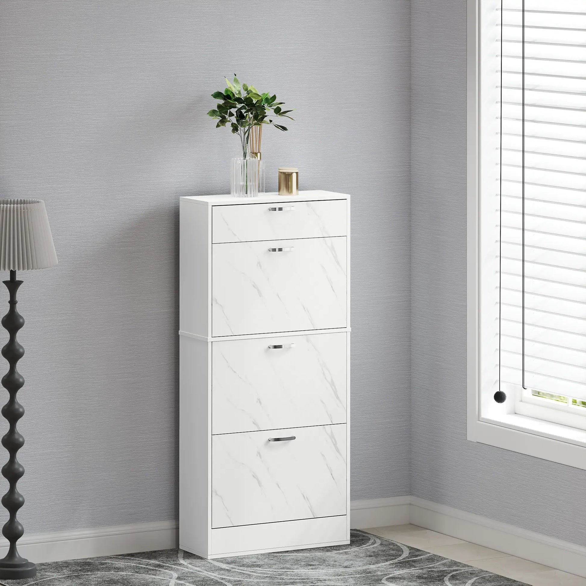 3 Flip Drawer Shoe Cabinet, Marble-Effect Narrow, White Shoe Storage Cabinets & Racks at Gallery Canada