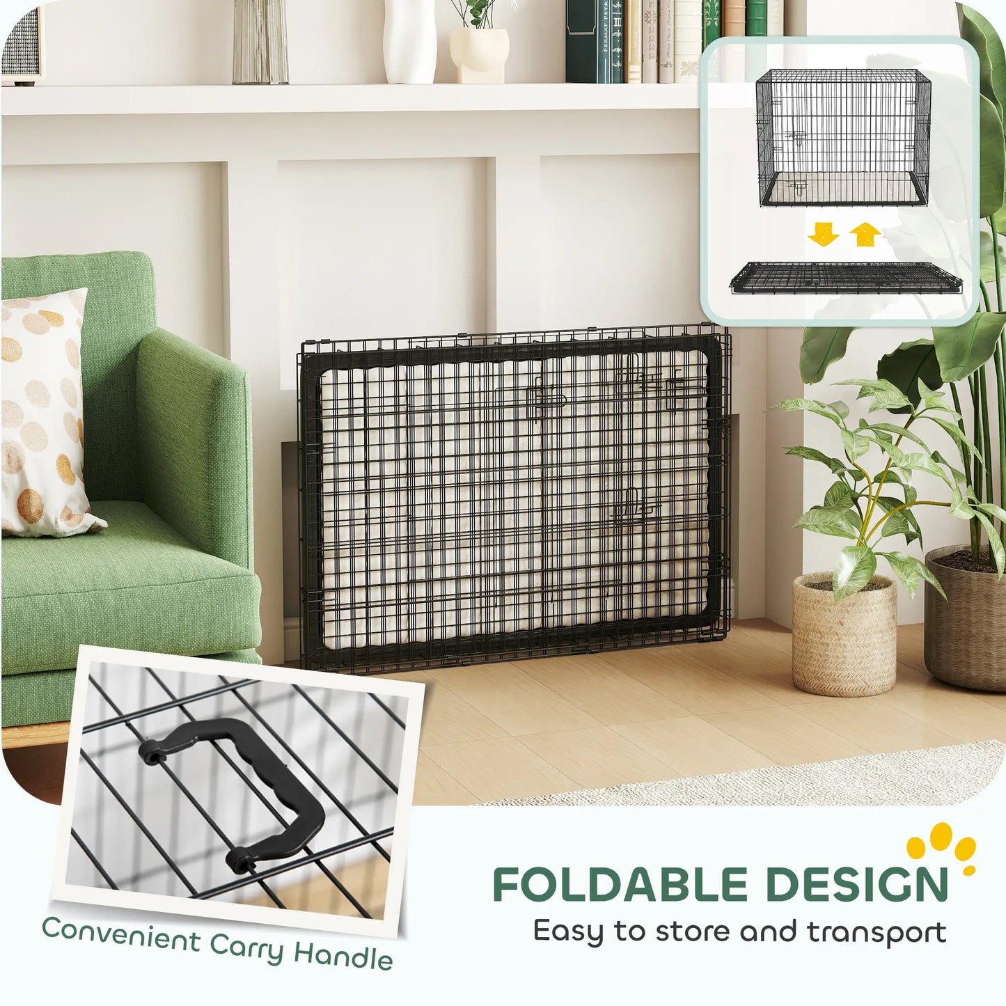 35" Dog Crate, Folding Metal Cage, Removable Tray, Cushion, Black