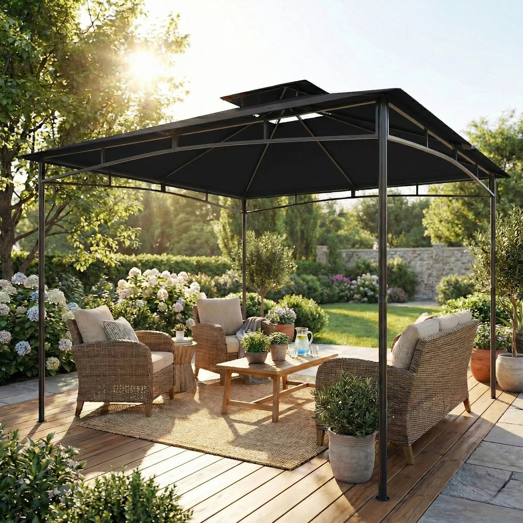 10' x 10' Gazebo, Soft Top, 2-Tier Roof, Metal Frame, Black Gazebos at Gallery Canada