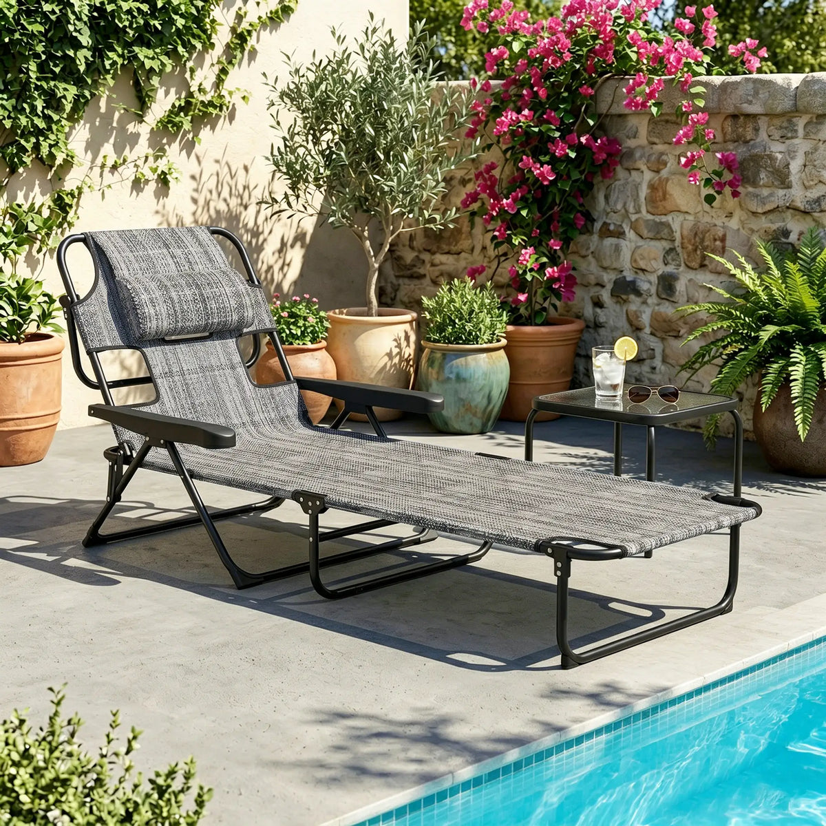 Folding Lounge Chair, Reclining Back, Mixed Grey, Grey
