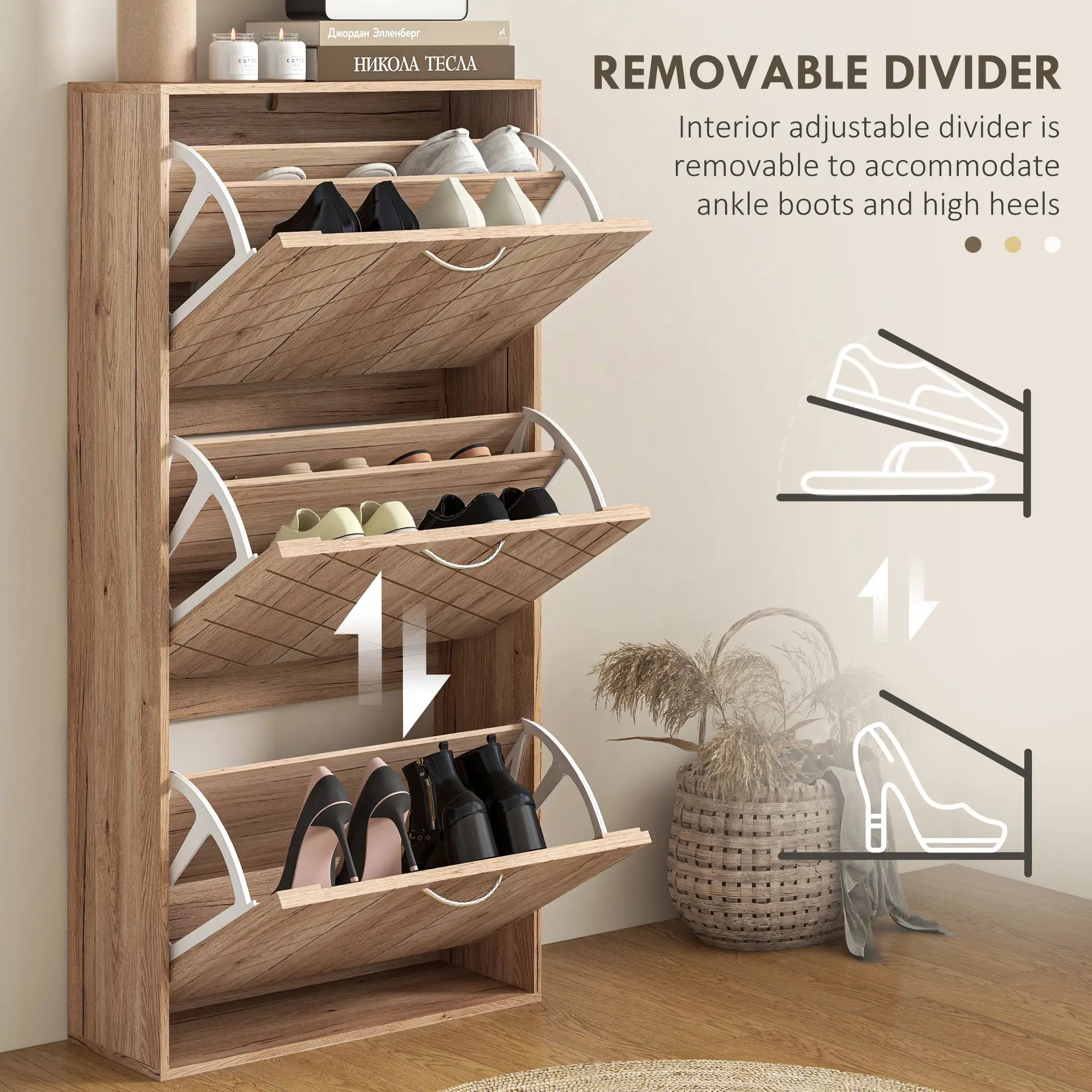 Shoe Storage Cabinet, 3 Flip Drawers, Narrow, 12 Pair Organizer, Nature Wood Shoe Storage Cabinets & Racks at Gallery Canada