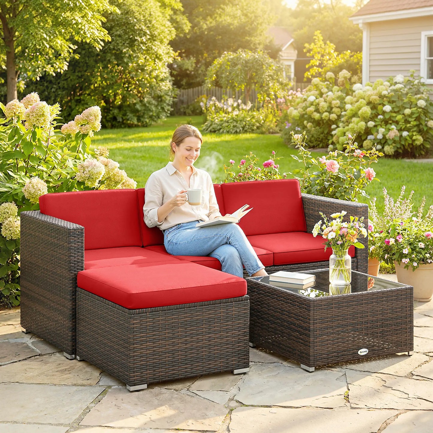3-Piece Patio Furniture Set, Outdoor PE Rattan Wicker Sofa, Glass Top Table Patio Furniture Sets at Gallery Canada