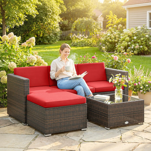 3-Piece Patio Furniture Set, Outdoor PE Rattan Wicker Sofa, Glass Top Table