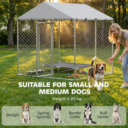 6.6' x 6.6' x 6.6' Outdoor Dog Kennel Heavy Duty Galvanized Steel with UV-resistant Roof, Silver