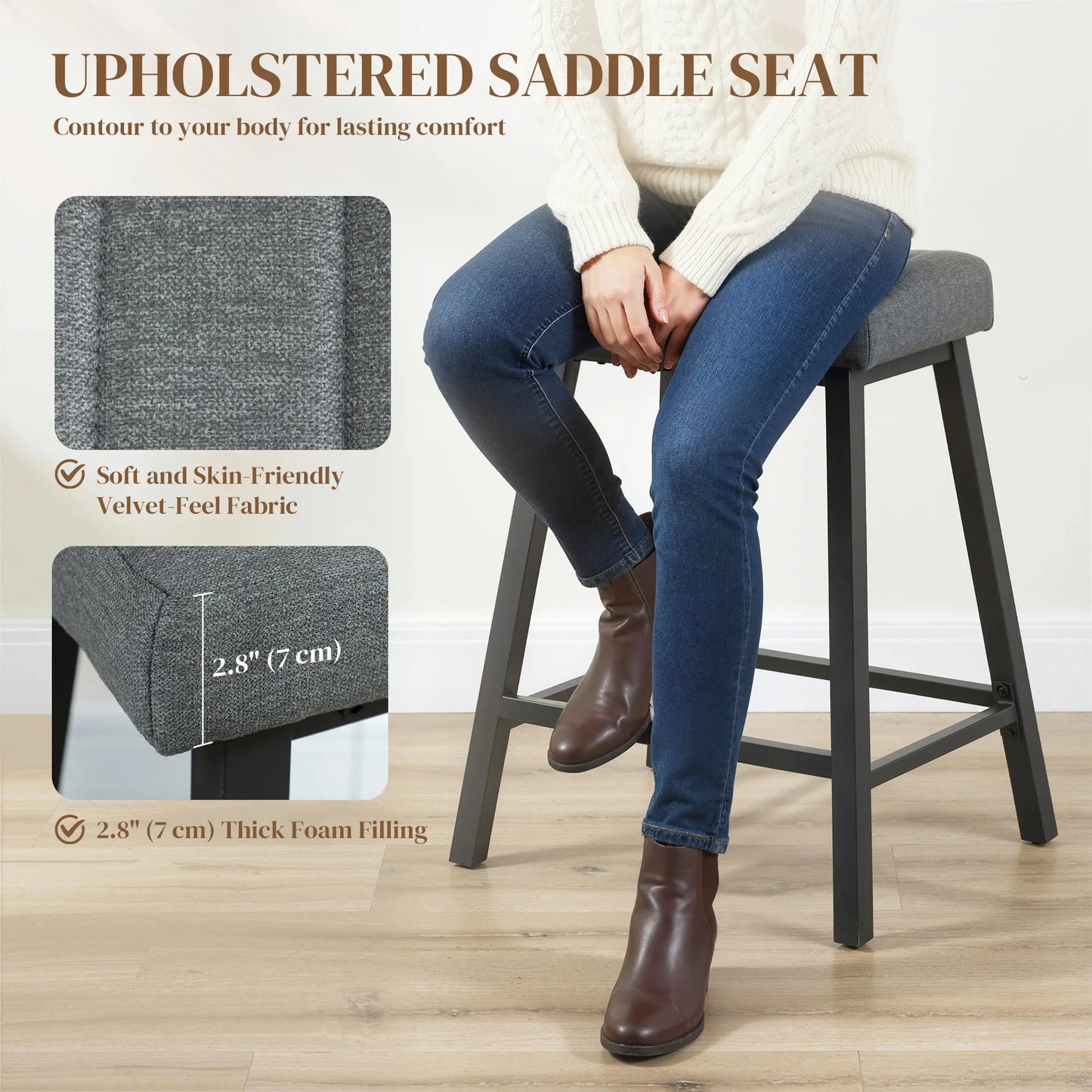 Set of 2 Velvet Bar Stools, Curved Seat with Footrest, Grey Bar Stools at Gallery Canada