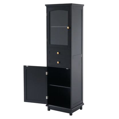 Bathroom Storage Cabinet, Glass Doors, Adjustable Shelves, 18" L x 14" W x 63" H, Black Bathroom Cabinets at Gallery Canada