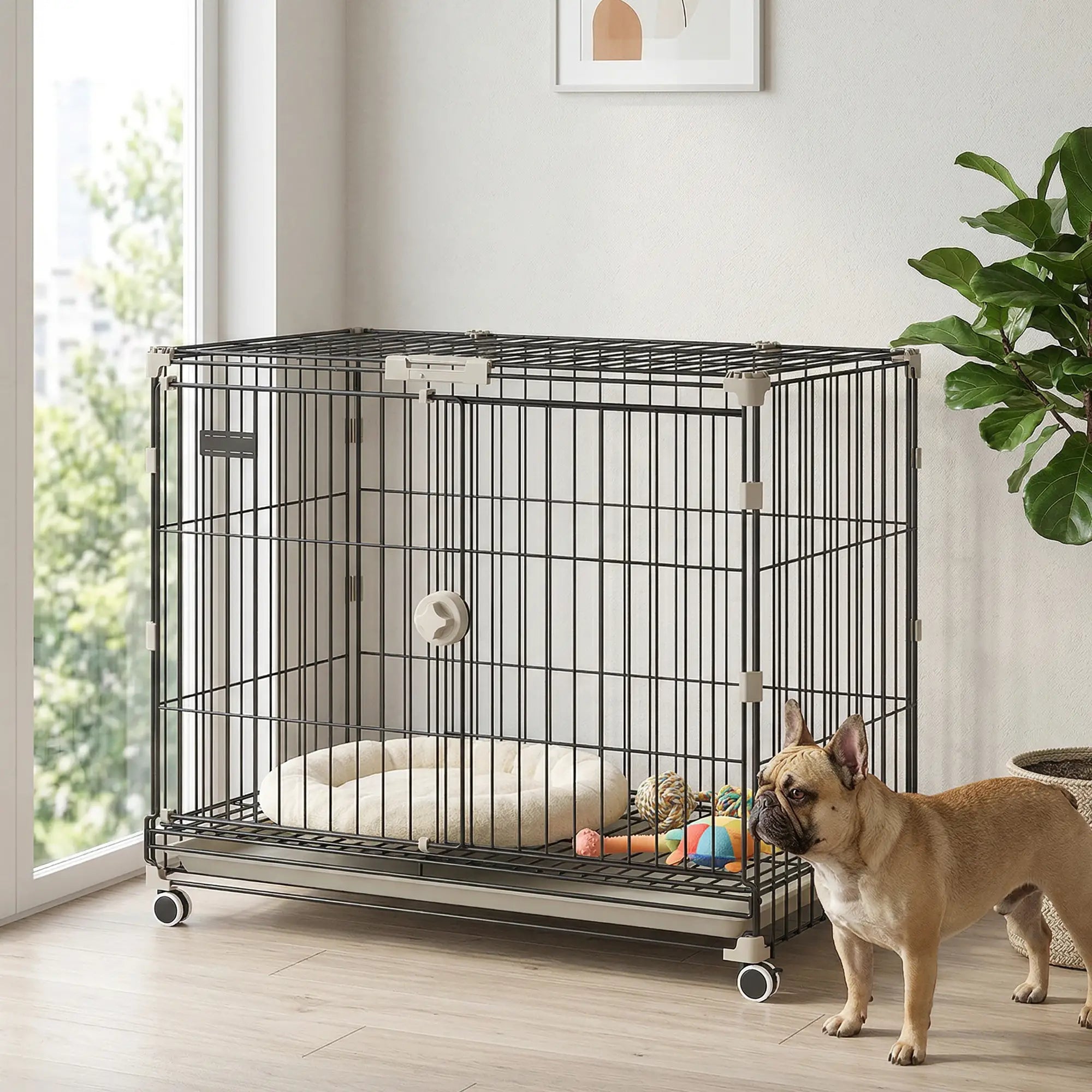 30 Inch Foldable Dog Crate, Metal Cage with Tray & Wheels, Black Dog Cages & Crates at Gallery Canada