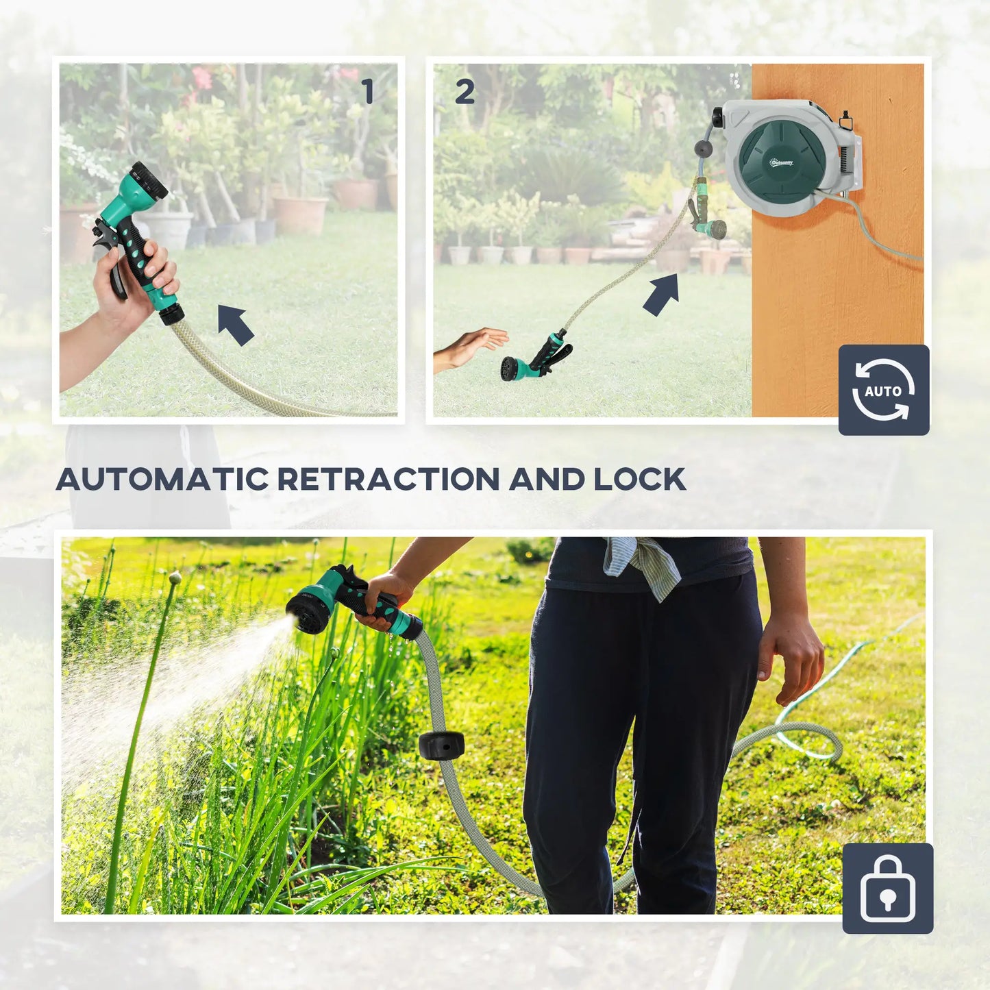 1/2 in x 65ft Wall Mounted Garden Hose Reel, Retractable Auto Rewind, Green Garden Accessories at Gallery Canada