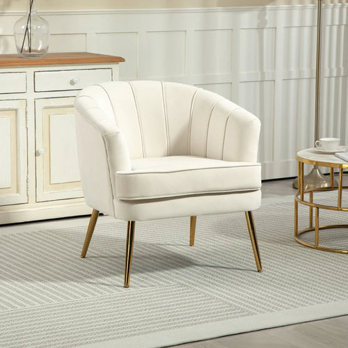 Modern Fabric Armchair, Gold Metal Legs, 32in, Cream White
