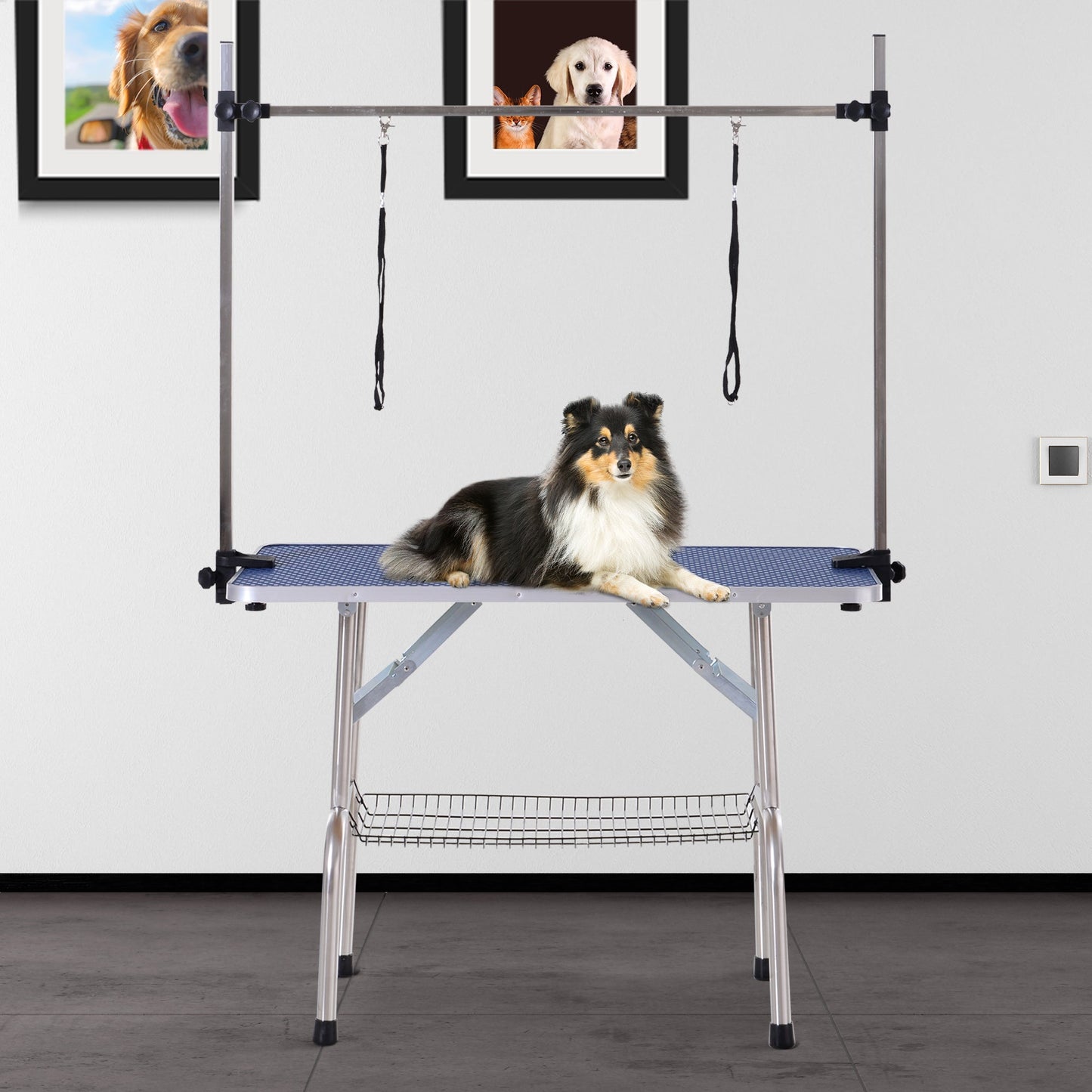 Adjustable Dog Grooming Table Rubber Top 2 Safety Slings Mesh Storage Basket Heavy Metal Blue 42.25"x 23.5" x 67" at Gallery Canada