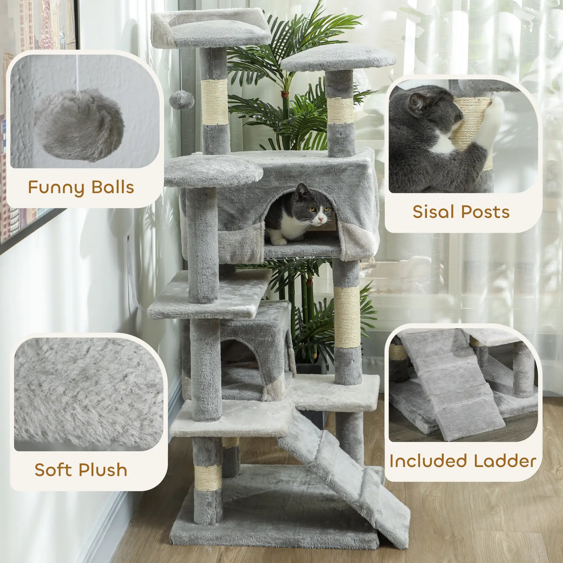 53 Cat Tree Scratching Post, Multi-Level Play House, Grey Cat Trees at Gallery Canada