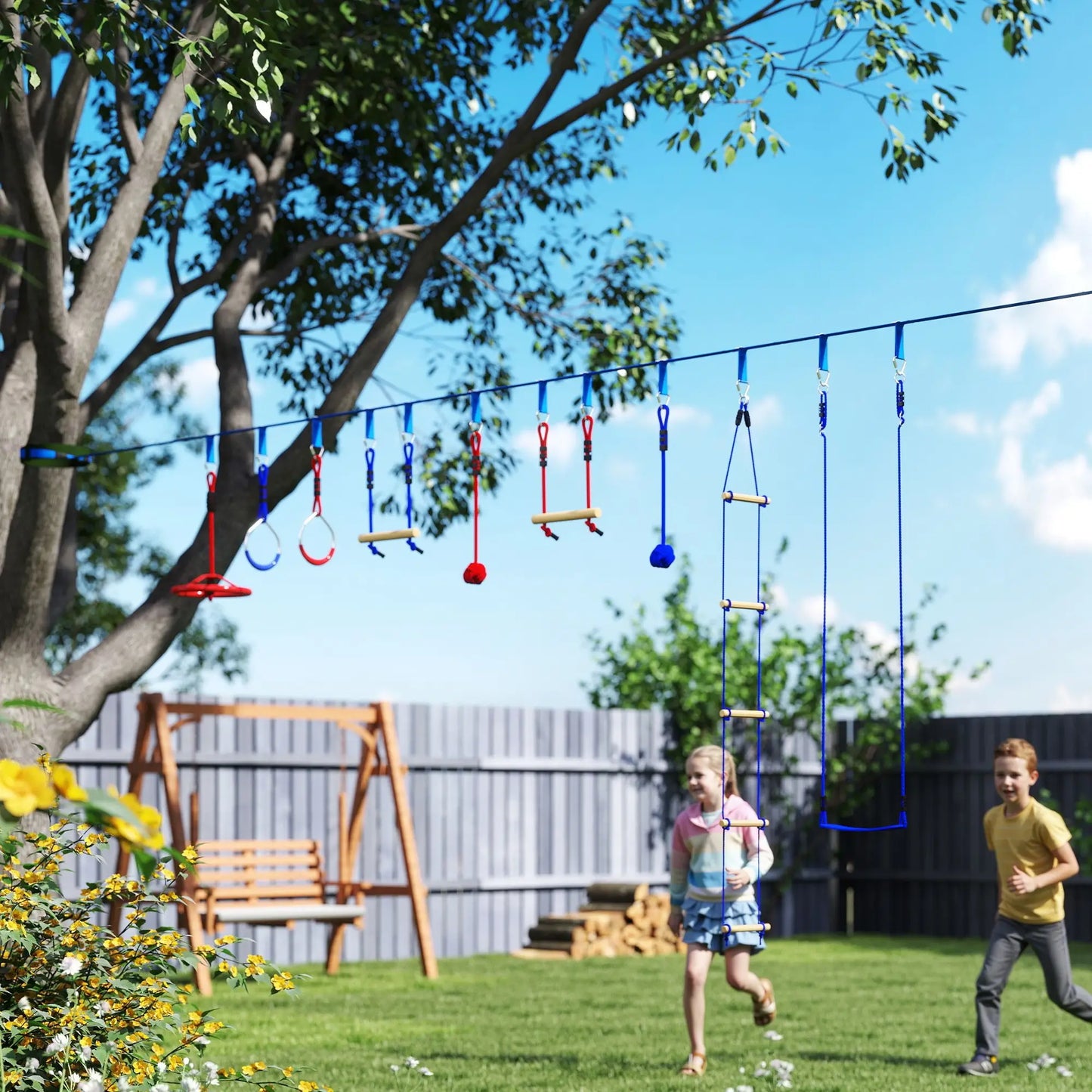 32.8' Kids Ninja Warrior Course, Swing, Monkey Bars, Ladder, Gym Rings, Blue Gym Sets & Swings at Gallery Canada