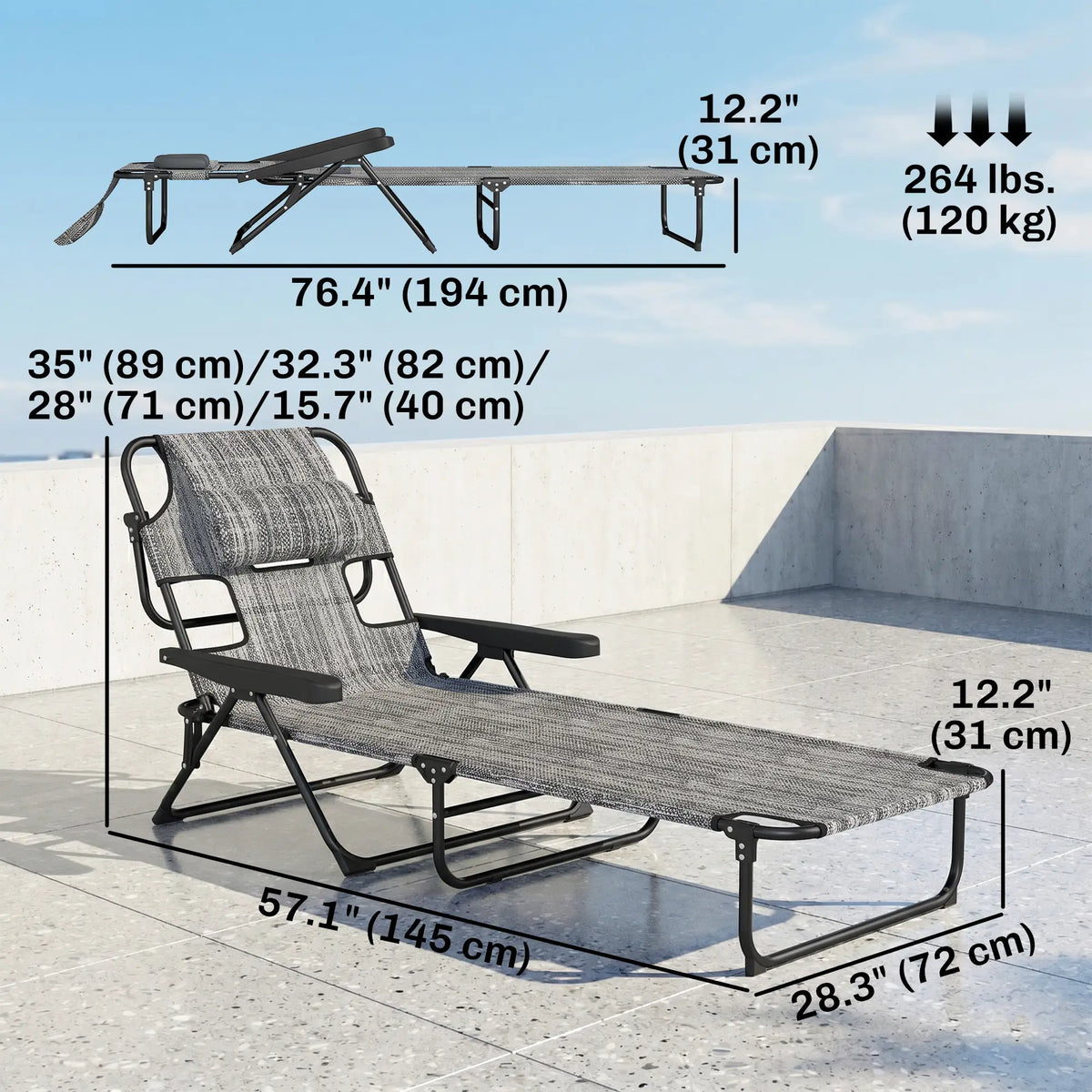 Folding Lounge Chair, Reclining Back, Mixed Grey, Grey